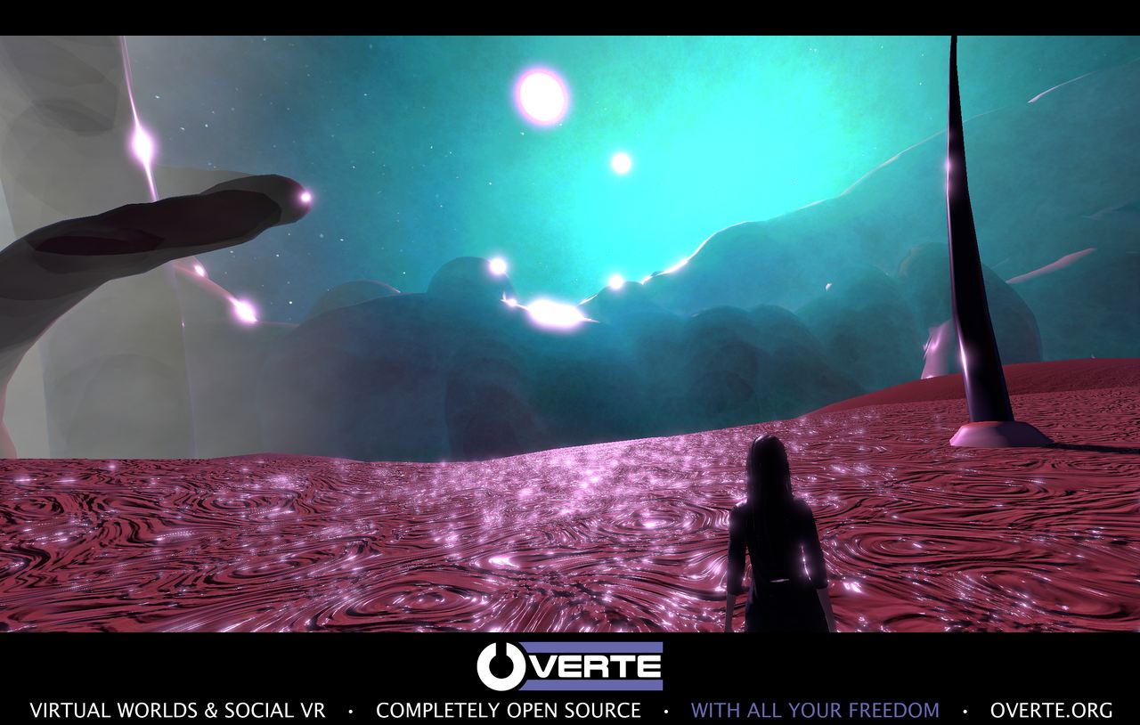A strange pink landscape under a bright alien sky