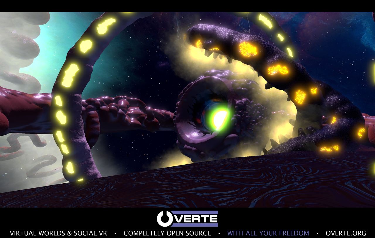 A strange organic structure floating in a colorful cosmic environment