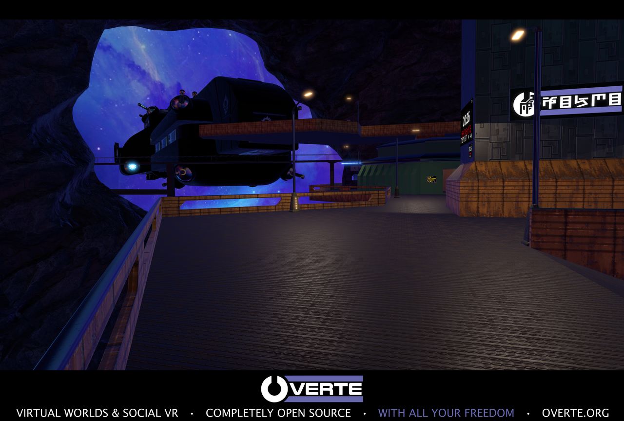 A futuristic vehicle parked on a platform inside Ceon
