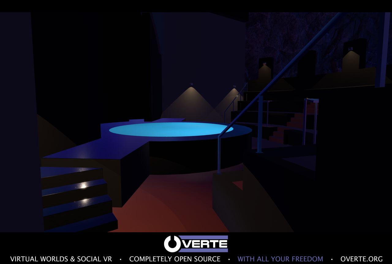 A dark futuristic interior with a glowing blue circular stage