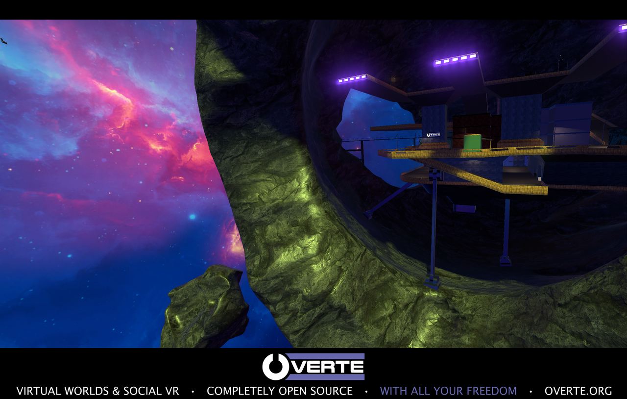 A futuristic settlement built inside a hollow asteroid surrounded by a colorful nebula
