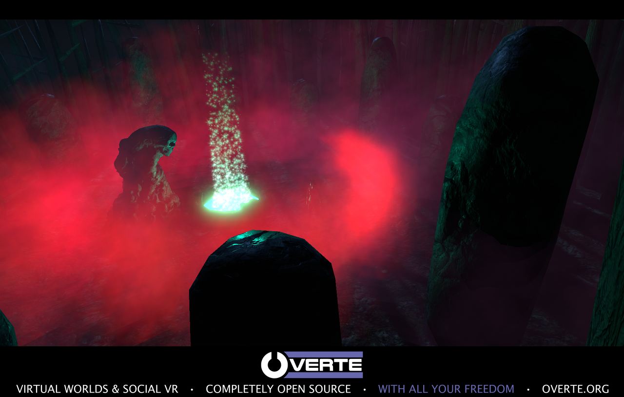 A mystical forest clearing surrounded by standing stones and red mist