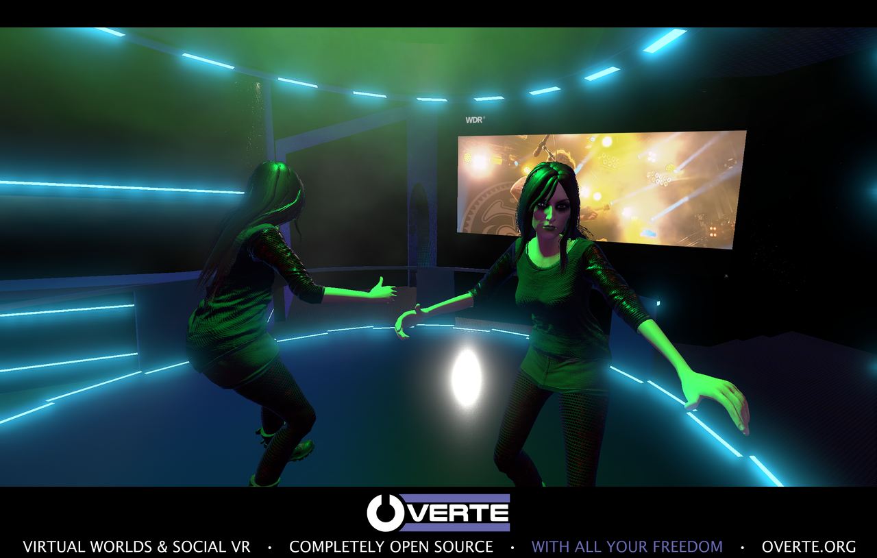 Two avatars dancing in the neon-lit interior of The Edge nightclub