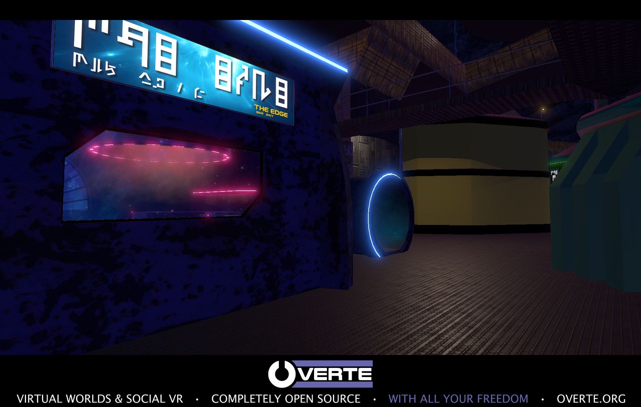 The Edge bar entrance glowing with blue and pink neon lights inside Ceon