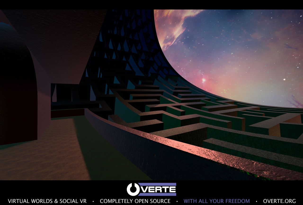 A massive geometric maze inside a circular structure overlooking a colorful nebula