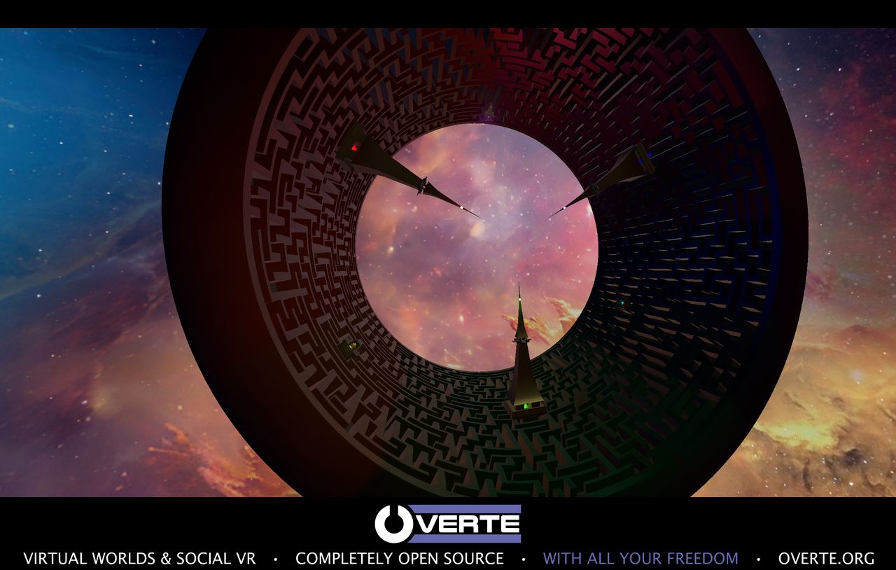 A massive circular structure floating against a colorful cosmic backdrop