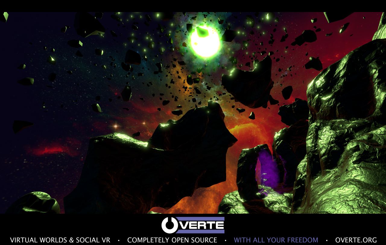A rocky alien landscape illuminated by a bright green star