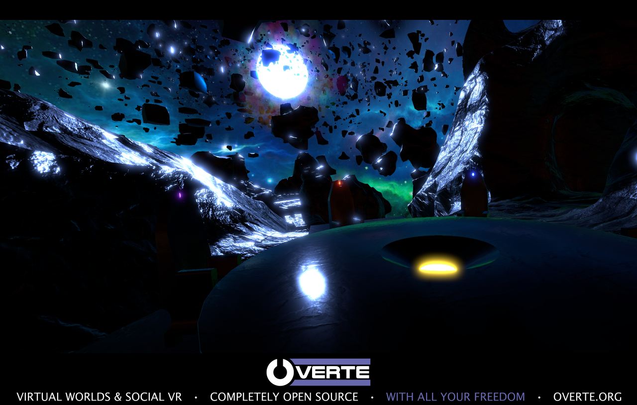 A dark alien landscape surrounded by floating rocks beneath a bright blue star