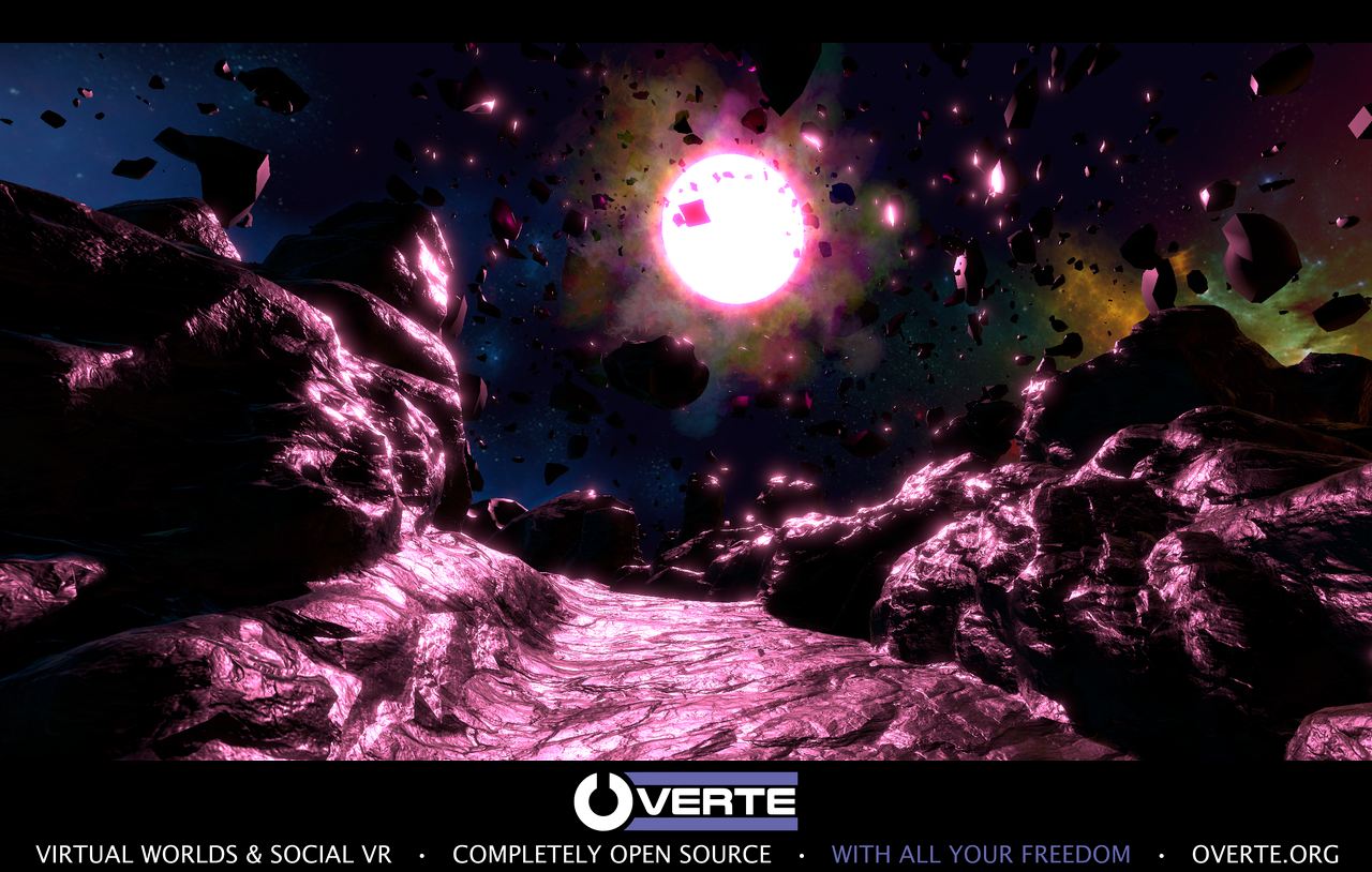 A surreal pink alien landscape beneath a bright star surrounded by floating rocks