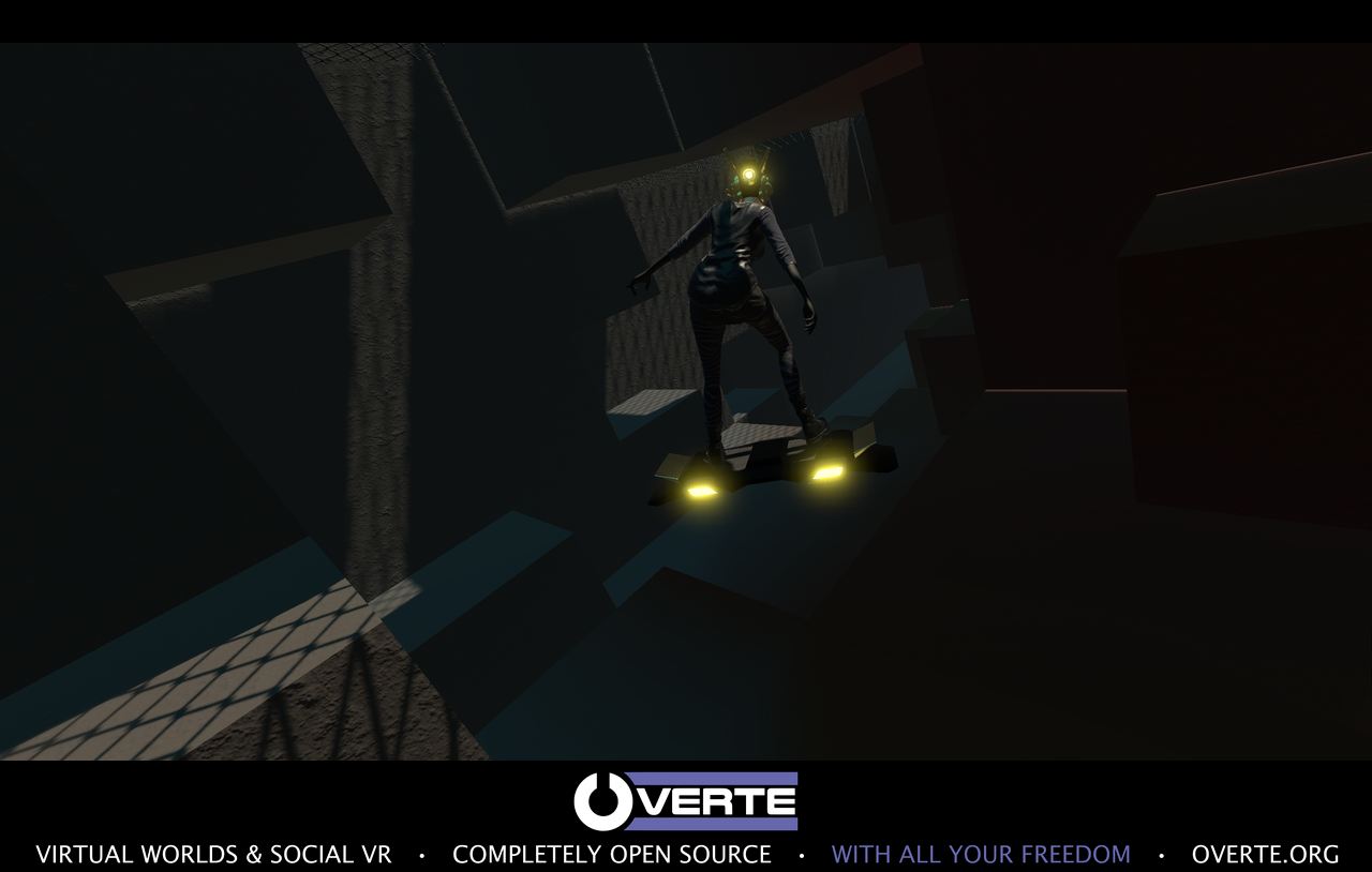 A rider flying through a dark section of VR-Flight-Tube