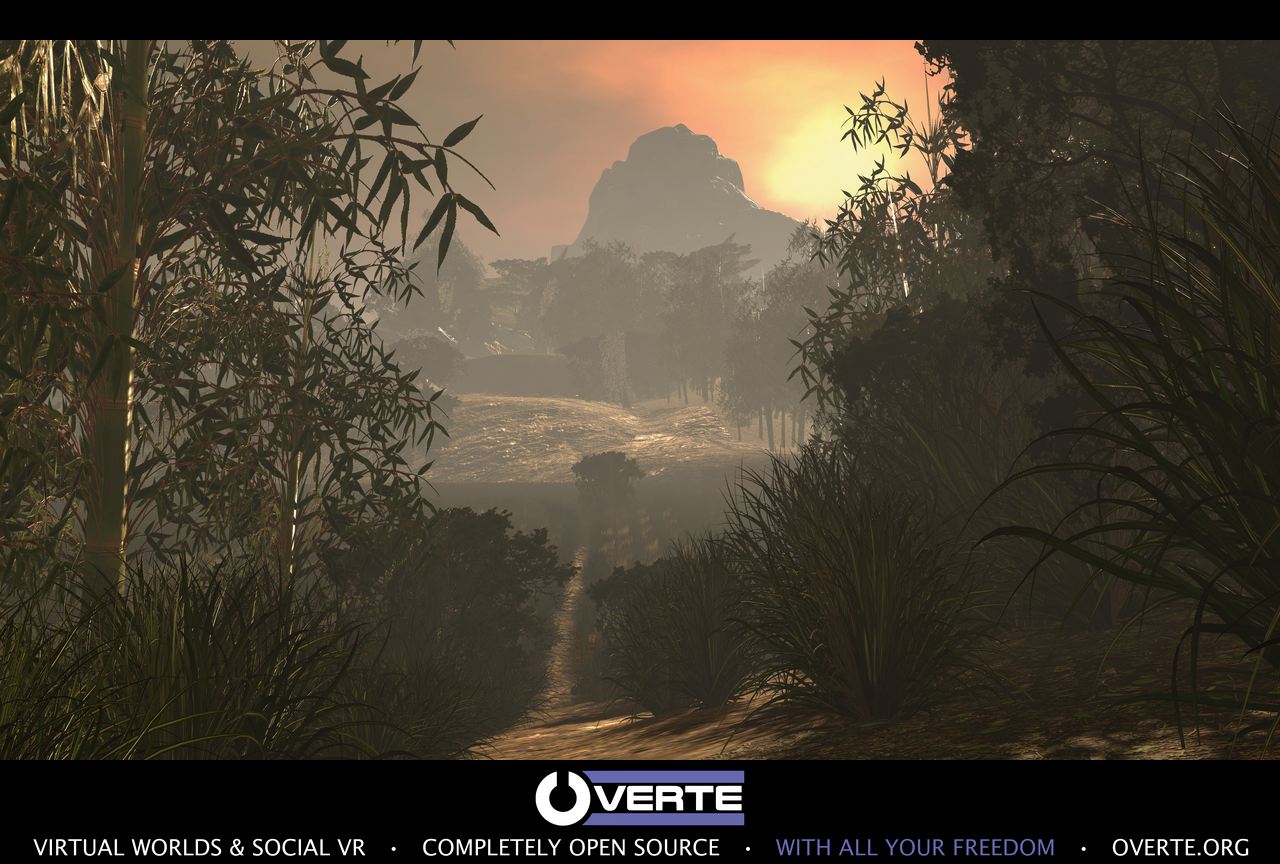 A path winding through tall vegetation toward distant mountains